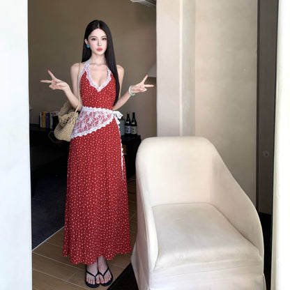 Hot Girls Halter Neck A-Line Red Maxi Dress Charming Lace Trim Polka Dots Long Dress AP3315