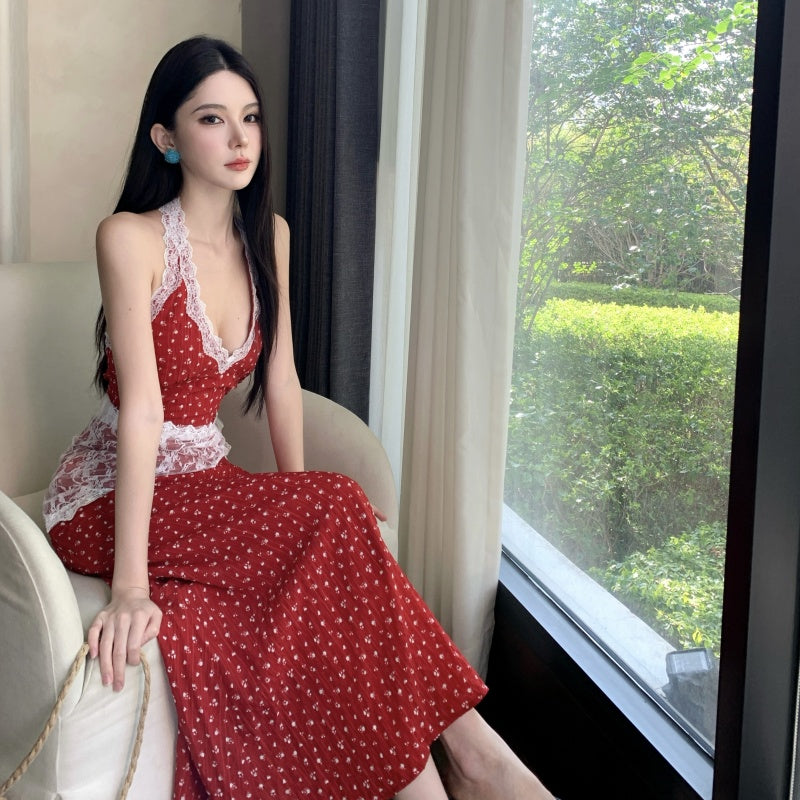 Hot Girls Halter Neck A-Line Red Maxi Dress Charming Lace Trim Polka Dots Long Dress AP3315