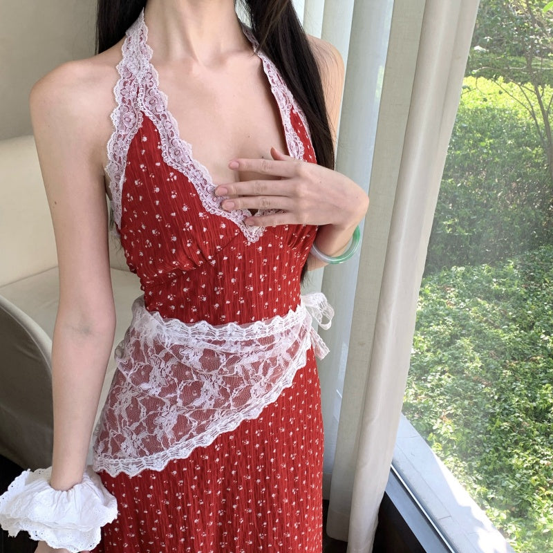 Hot Girls Halter Neck A-Line Red Maxi Dress Charming Lace Trim Polka Dots Long Dress AP3315