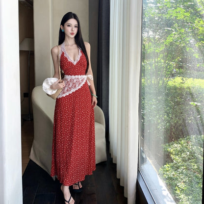 Hot Girls Halter Neck A-Line Red Maxi Dress Charming Lace Trim Polka Dots Long Dress AP3315