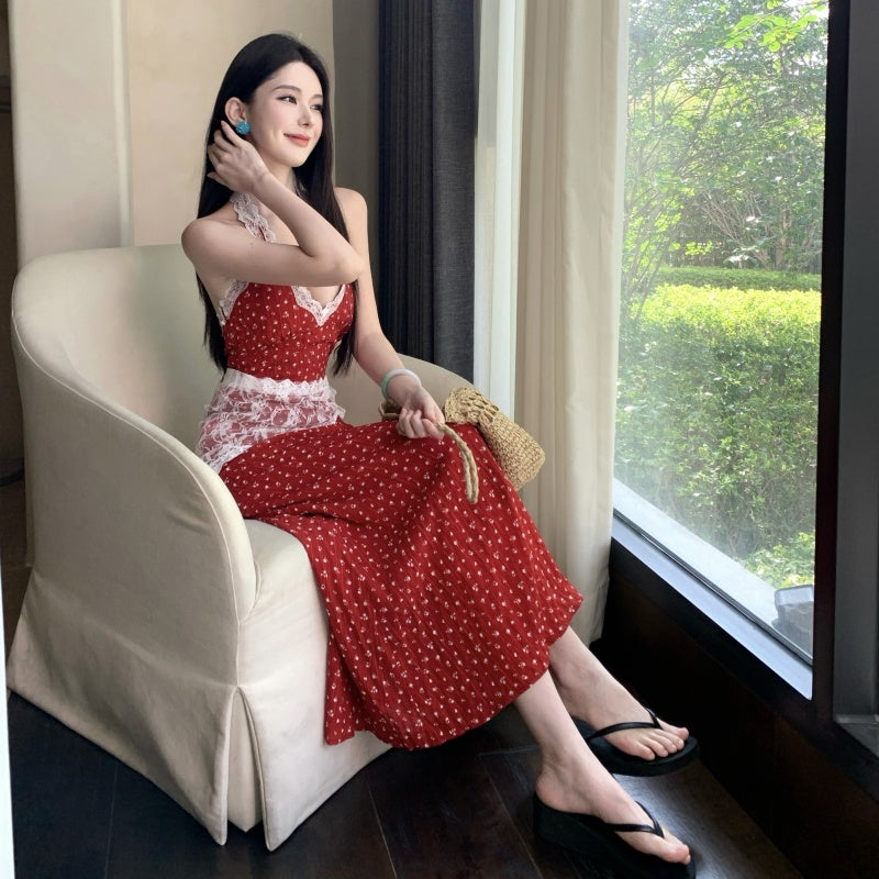 Hot Girls Halter Neck A-Line Red Maxi Dress Charming Lace Trim Polka Dots Long Dress AP3315