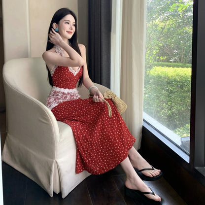 Hot Girls Halter Neck A-Line Red Maxi Dress Charming Lace Trim Polka Dots Long Dress AP3315