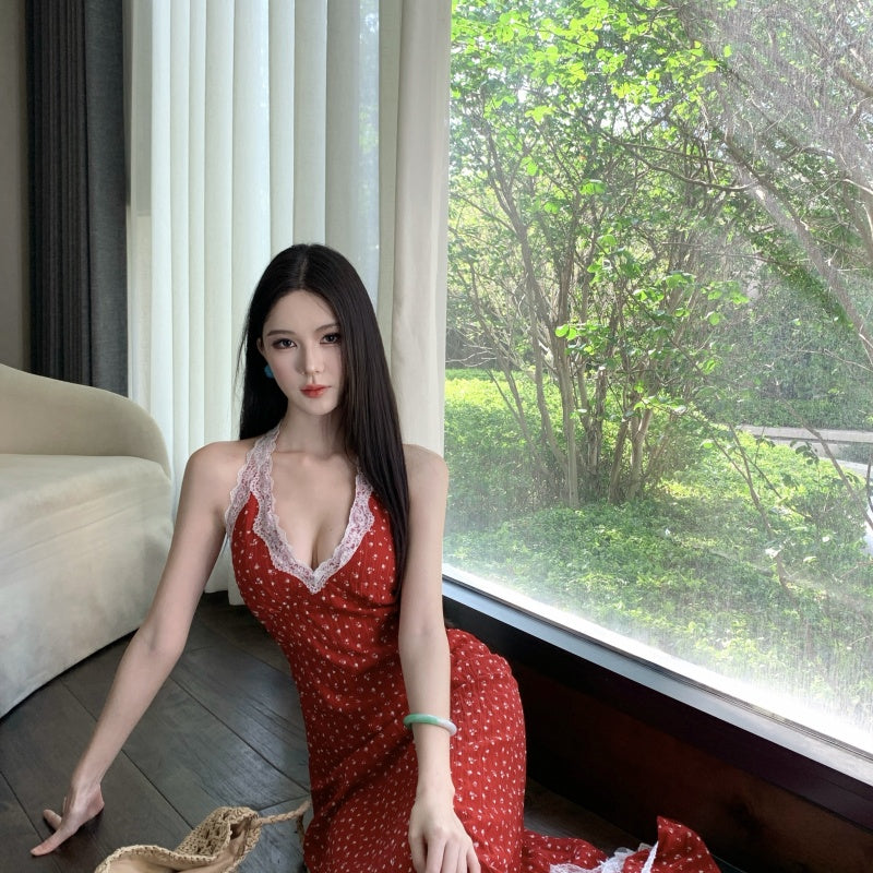 Hot Girls Halter Neck A-Line Red Maxi Dress Charming Lace Trim Polka Dots Long Dress AP3315