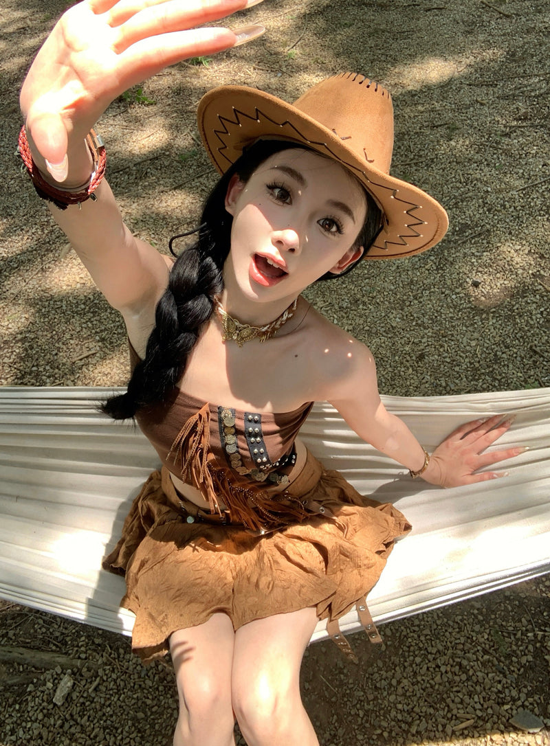 Vintage A-Line Strapless 2-Piece Set Mini Skirt Gen Z Style Tassel Tube Top Asymmetric Hem Short Dress AP3316