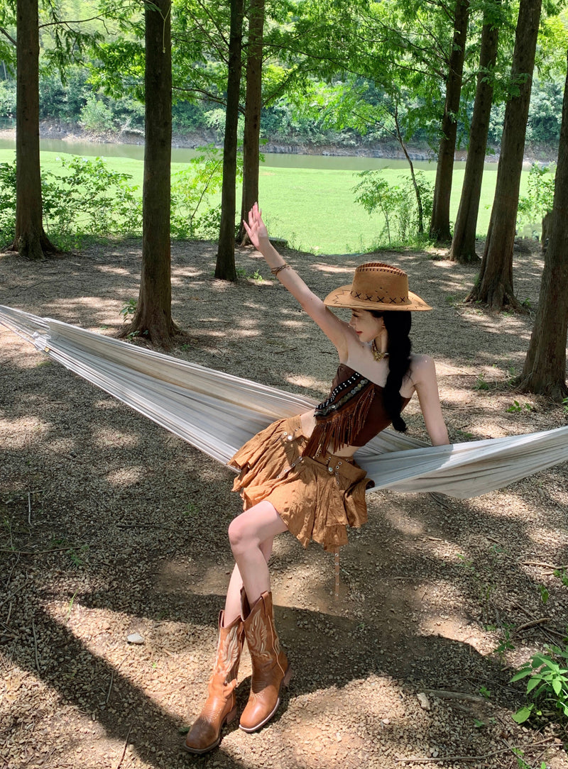 Vintage A-Line Strapless 2-Piece Set Mini Skirt Gen Z Style Tassel Tube Top Asymmetric Hem Short Dress AP3316