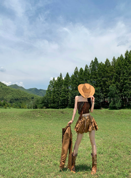 Vintage A-Line Strapless 2-Piece Set Mini Skirt Gen Z Style Tassel Tube Top Asymmetric Hem Short Dress AP3316