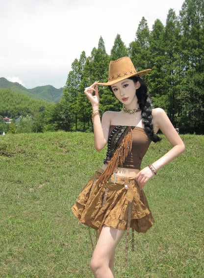 Vintage A-Line Strapless 2-Piece Set Mini Skirt Gen Z Style Tassel Tube Top Asymmetric Hem Short Dress AP3316