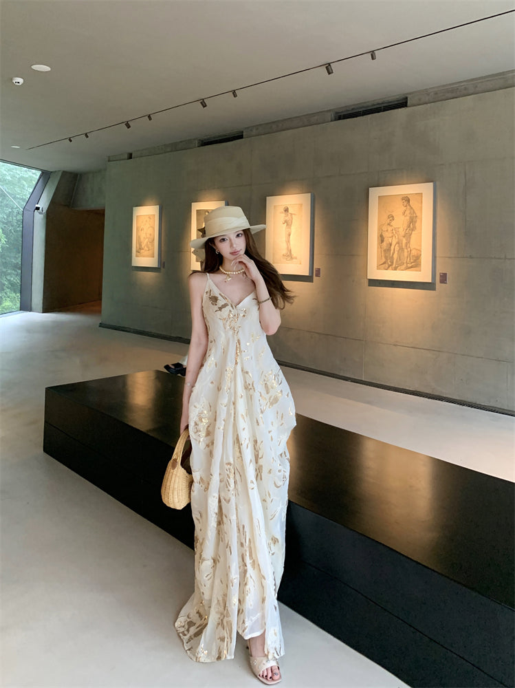 Classical Spaghetti Strap A-Line Maxi Dress Simple Ruched Sheen Print Long Dress AP3317