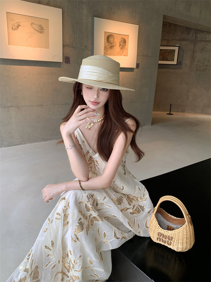 Classical Spaghetti Strap A-Line Maxi Dress Simple Ruched Sheen Print Long Dress AP3317