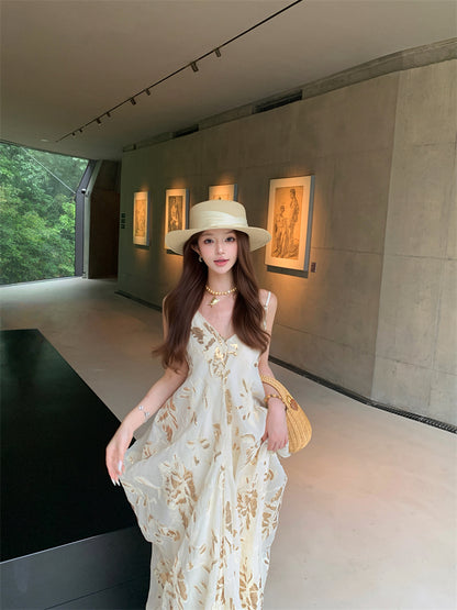 Classical Spaghetti Strap A-Line Maxi Dress Simple Ruched Sheen Print Long Dress AP3317