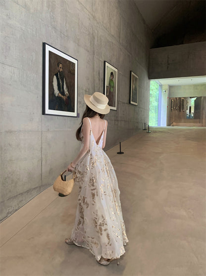 Classical Spaghetti Strap A-Line Maxi Dress Simple Ruched Sheen Print Long Dress AP3317