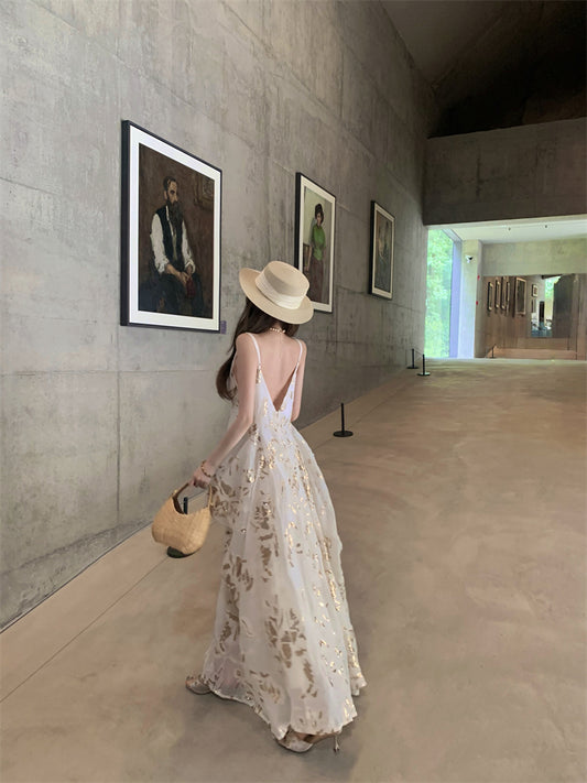 Classical Spaghetti Strap A-Line Maxi Dress Simple Ruched Sheen Print Long Dress AP3317