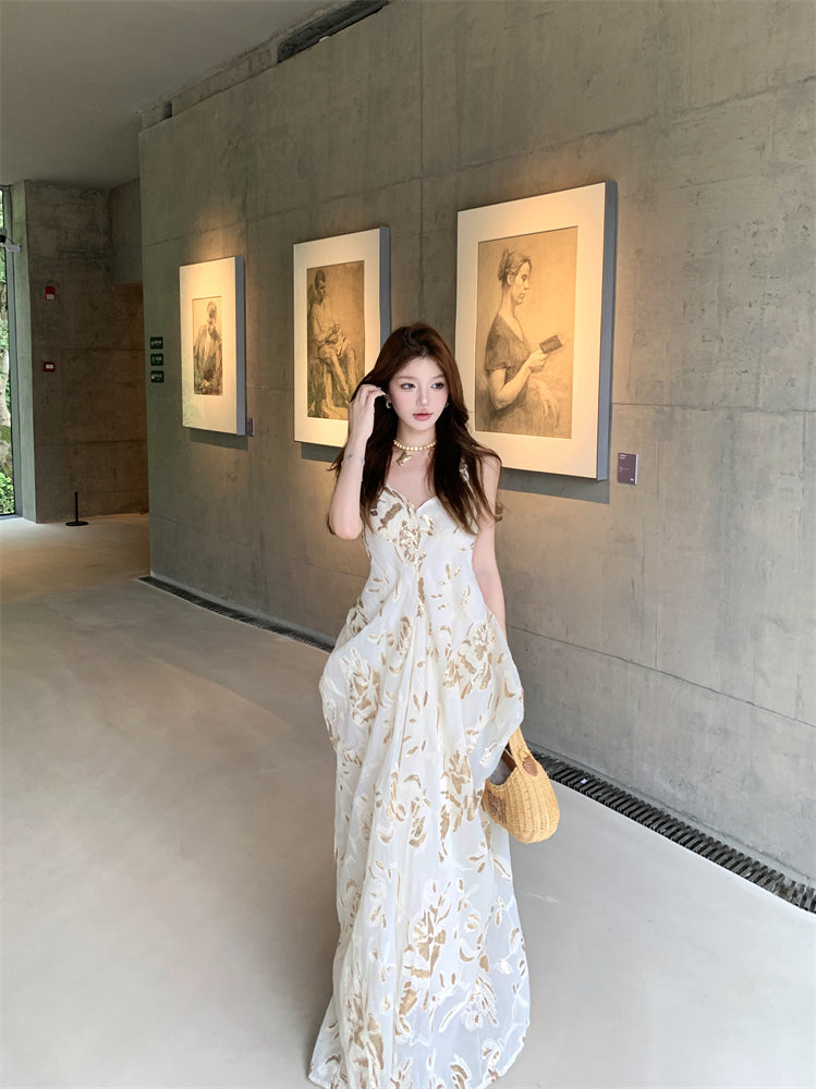 Classical Spaghetti Strap A-Line Maxi Dress Simple Ruched Sheen Print Long Dress AP3317