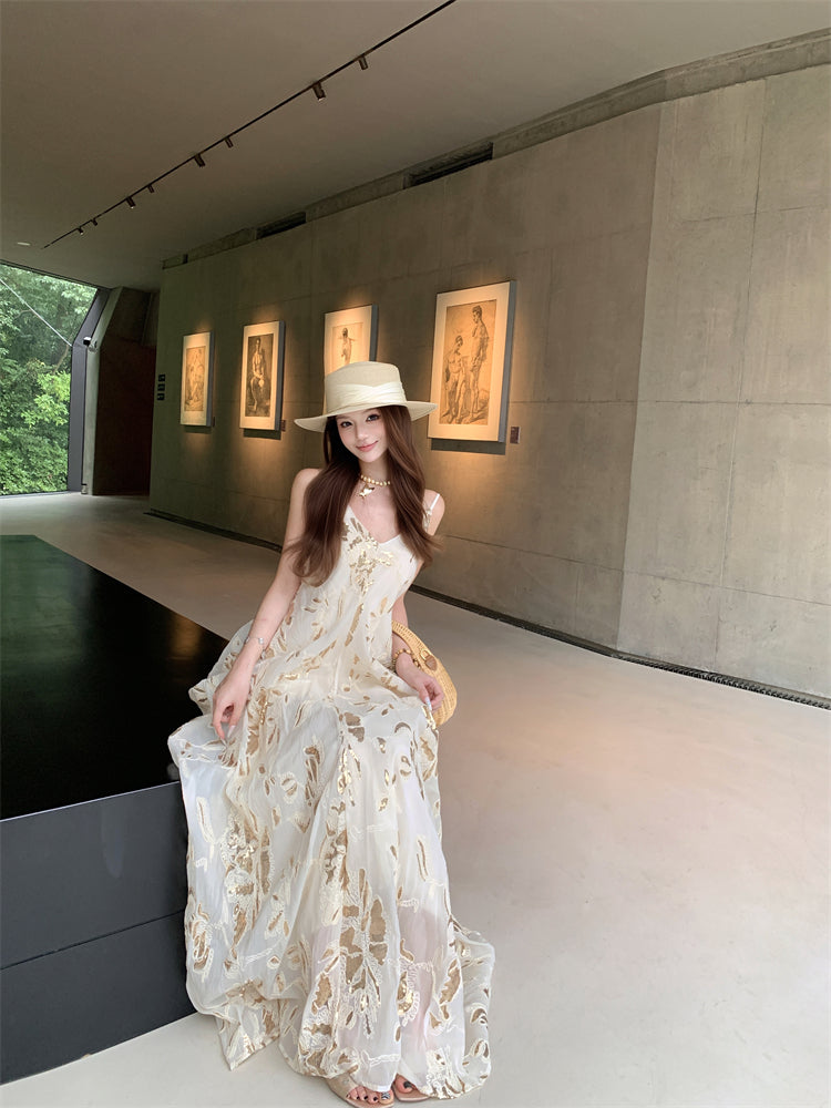 Classical Spaghetti Strap A-Line Maxi Dress Simple Ruched Sheen Print Long Dress AP3317