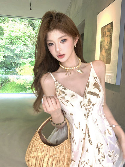 Classical Spaghetti Strap A-Line Maxi Dress Simple Ruched Sheen Print Long Dress AP3317