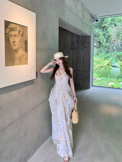 Classical Spaghetti Strap A-Line Maxi Dress Simple Ruched Sheen Print Long Dress AP3317