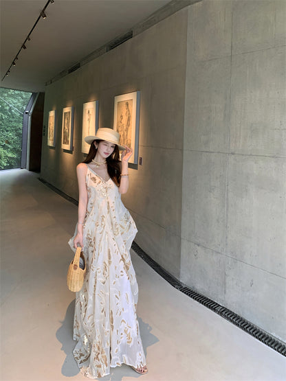 Classical Spaghetti Strap A-Line Maxi Dress Simple Ruched Sheen Print Long Dress AP3317