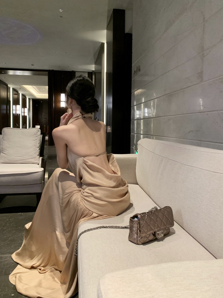 Gorgeous Sleeveless Halter Neck A-Line Maxi Dress 3D Flower Backless Pleated Long Dress AP3318