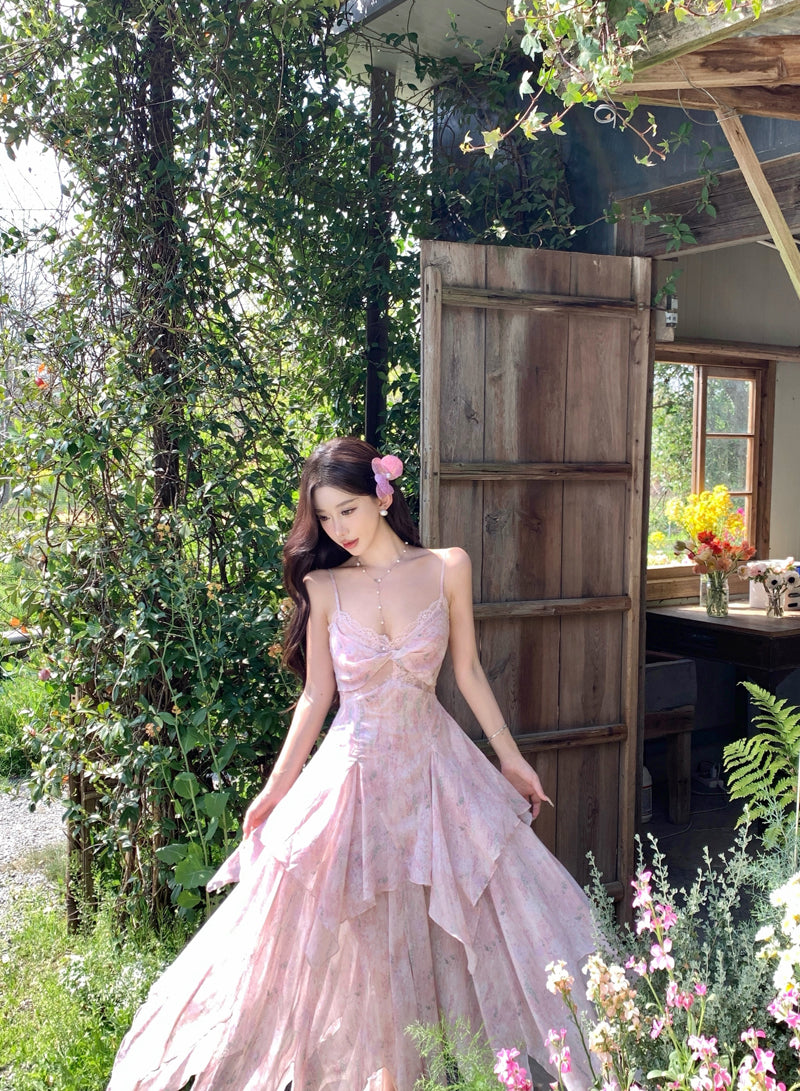 French-Inspired Spaghetti Strap A-Line Maxi Dress Dopamine Style Floral Print Asymmetric Hem Lace Trim Long Dress AP3319