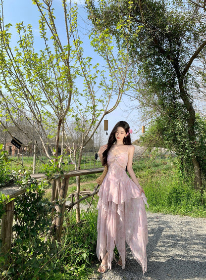 French-Inspired Spaghetti Strap A-Line Maxi Dress Dopamine Style Floral Print Asymmetric Hem Lace Trim Long Dress AP3319