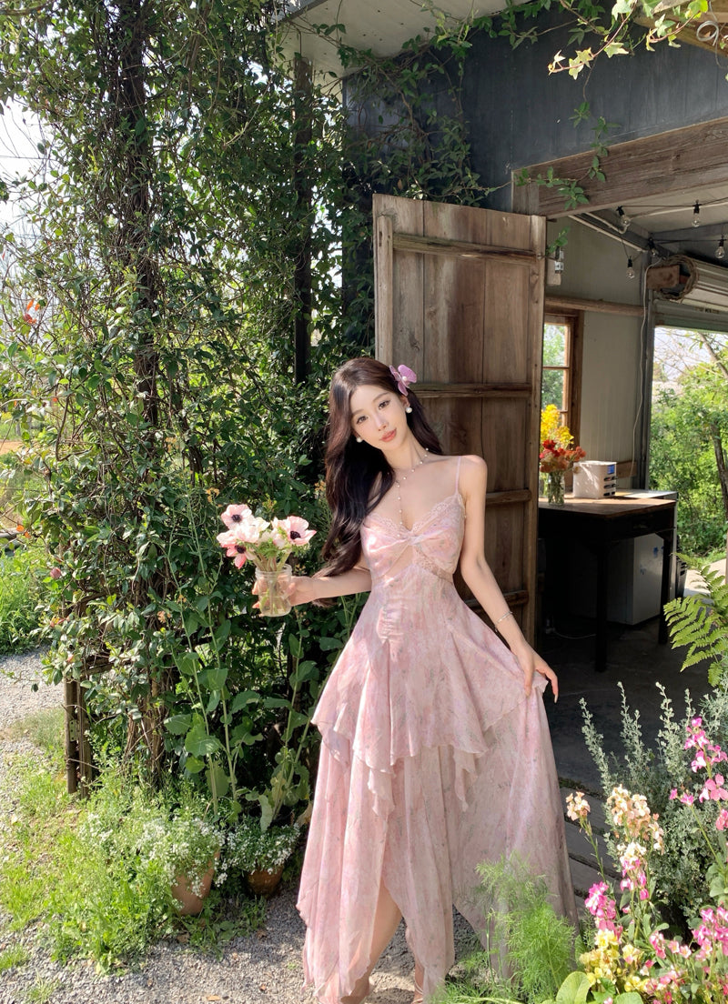 French-Inspired Spaghetti Strap A-Line Maxi Dress Dopamine Style Floral Print Asymmetric Hem Lace Trim Long Dress AP3319