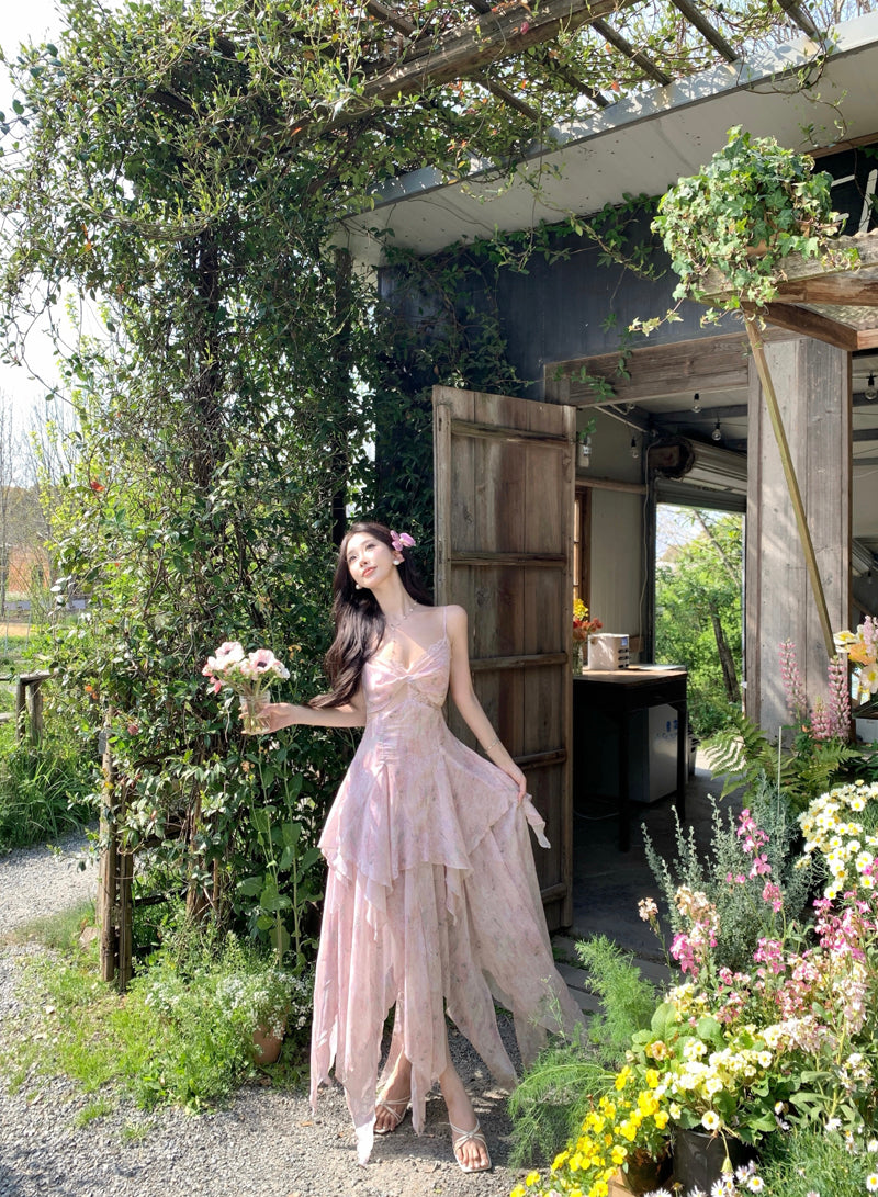 French-Inspired Spaghetti Strap A-Line Maxi Dress Dopamine Style Floral Print Asymmetric Hem Lace Trim Long Dress AP3319