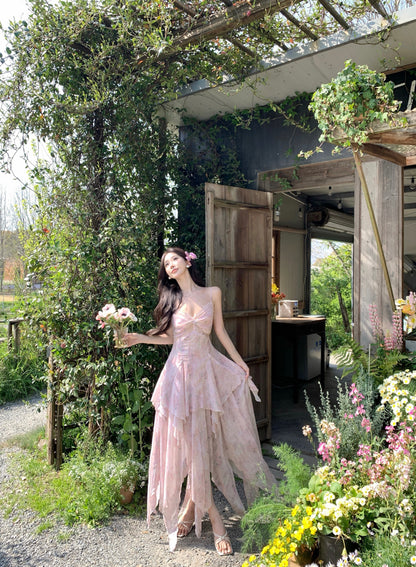 French-Inspired Spaghetti Strap A-Line Maxi Dress Dopamine Style Floral Print Asymmetric Hem Lace Trim Long Dress AP3319