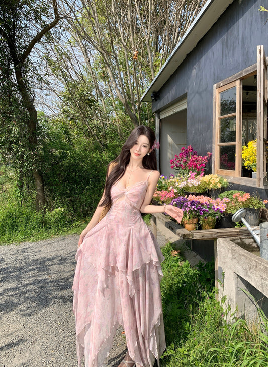 French-Inspired Spaghetti Strap A-Line Maxi Dress Dopamine Style Floral Print Asymmetric Hem Lace Trim Long Dress AP3319