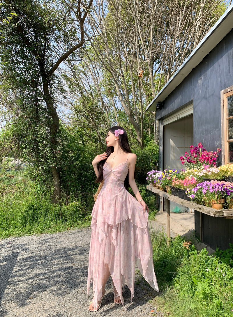 French-Inspired Spaghetti Strap A-Line Maxi Dress Dopamine Style Floral Print Asymmetric Hem Lace Trim Long Dress AP3319