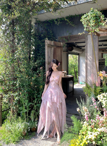 French-Inspired Spaghetti Strap A-Line Maxi Dress Dopamine Style Floral Print Asymmetric Hem Lace Trim Long Dress AP3319