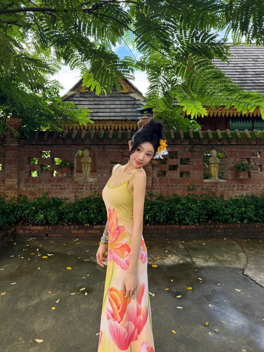 Vacation Outfit Spaghetti Strap A-Line Maxi Dress Vibrant Flowy Floral Print Long Dress AP3320