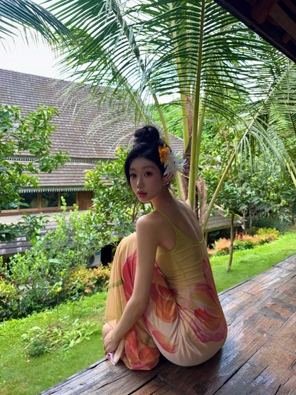 Vacation Outfit Spaghetti Strap A-Line Maxi Dress Vibrant Flowy Floral Print Long Dress AP3320