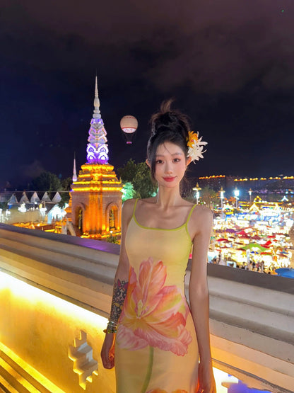 Vacation Outfit Spaghetti Strap A-Line Maxi Dress Vibrant Flowy Floral Print Long Dress AP3320