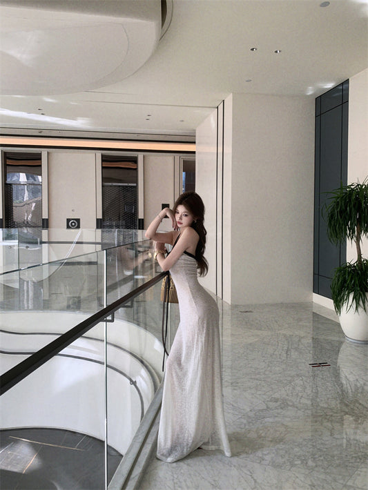 Classical Halter Neck Sheath White Maxi Dress Alluring Breathable Flowy Parties Outfit Long Dress AP3321