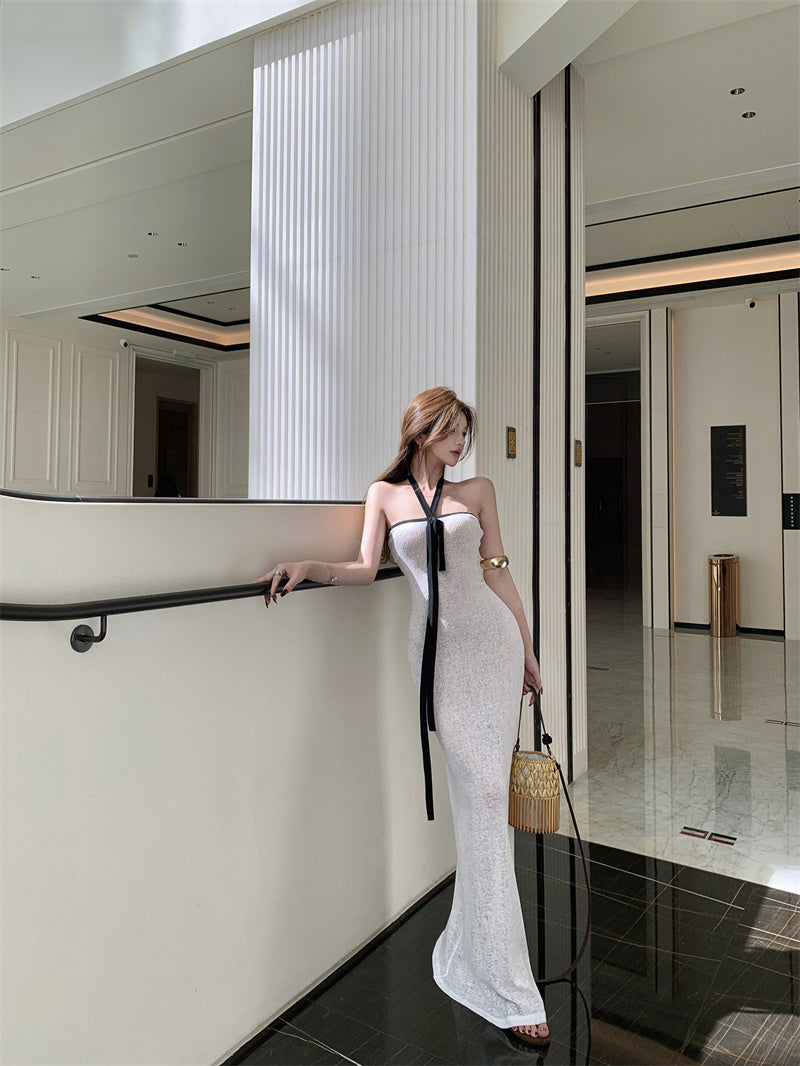 Classical Halter Neck Sheath White Maxi Dress Alluring Breathable Flowy Parties Outfit Long Dress AP3321