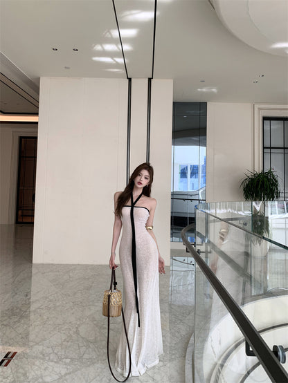 Classical Halter Neck Sheath White Maxi Dress Alluring Breathable Flowy Parties Outfit Long Dress AP3321