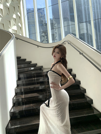 Classical Halter Neck Sheath White Maxi Dress Alluring Breathable Flowy Parties Outfit Long Dress AP3321