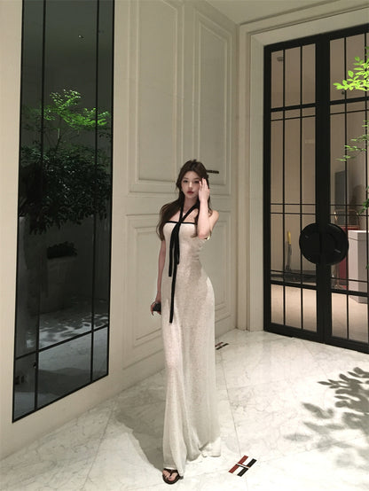 Classical Halter Neck Sheath White Maxi Dress Alluring Breathable Flowy Parties Outfit Long Dress AP3321