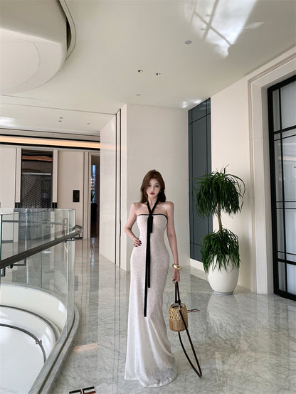 Classical Halter Neck Sheath White Maxi Dress Alluring Breathable Flowy Parties Outfit Long Dress AP3321