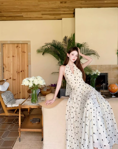 Vogue Halter Neck A-Line Maxi Dress Chic Polka Dots Asymmetric Hem Long Dress AP3322