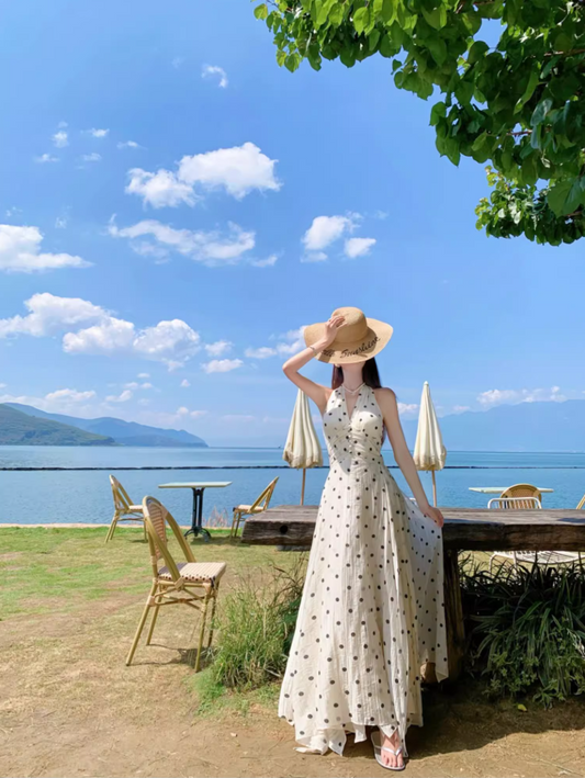 Vogue Halter Neck A-Line Maxi Dress Chic Polka Dots Asymmetric Hem Long Dress AP3322