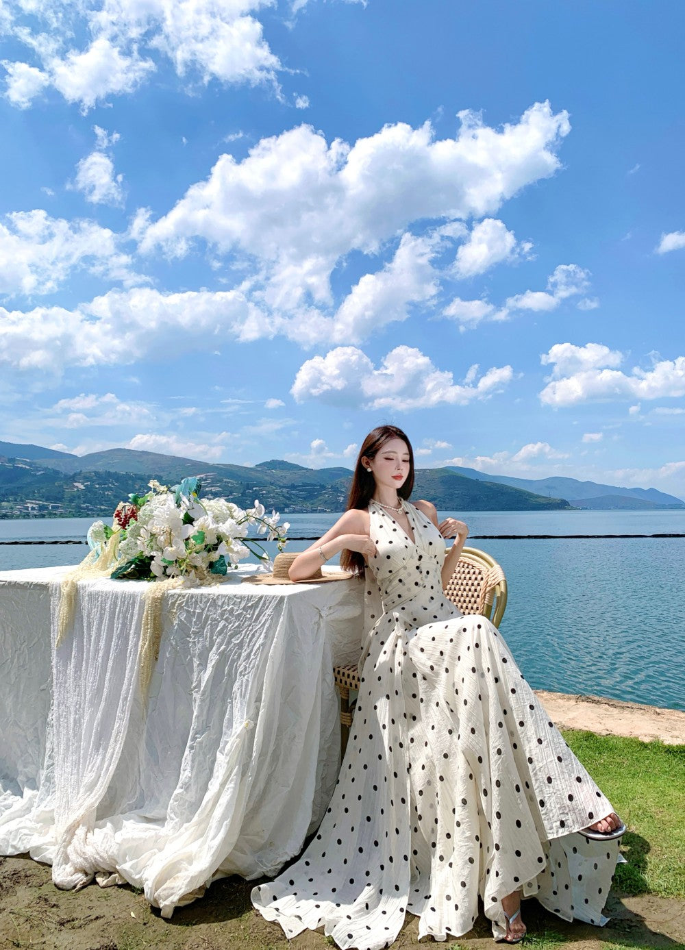 Vogue Halter Neck A-Line Maxi Dress Chic Polka Dots Asymmetric Hem Long Dress AP3322