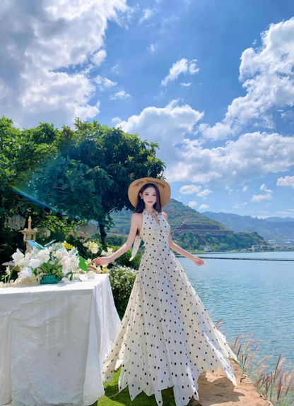 Vogue Halter Neck A-Line Maxi Dress Chic Polka Dots Asymmetric Hem Long Dress AP3322