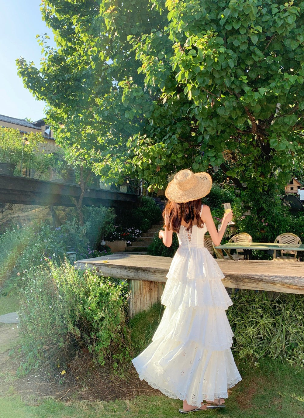 Ethereal White Spaghetti Strap A-Line Maxi Dress Elegant Tiered Cutout Hem Vacation Outfit Long Dress AP3323
