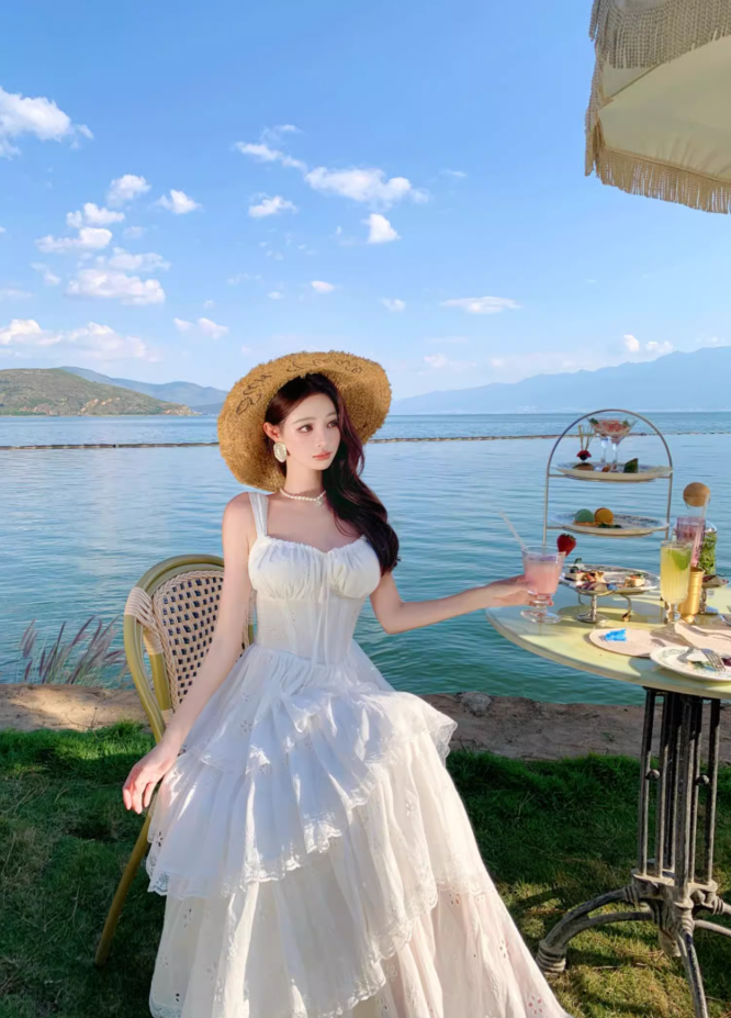 Ethereal White Spaghetti Strap A-Line Maxi Dress Elegant Tiered Cutout Hem Vacation Outfit Long Dress AP3323