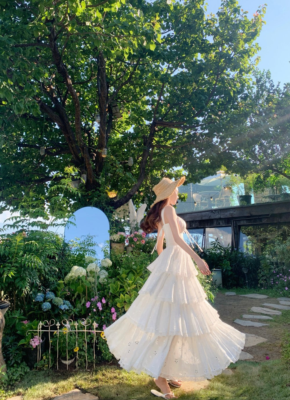 Ethereal White Spaghetti Strap A-Line Maxi Dress Elegant Tiered Cutout Hem Vacation Outfit Long Dress AP3323