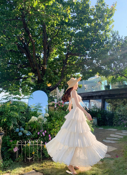 Ethereal White Spaghetti Strap A-Line Maxi Dress Elegant Tiered Cutout Hem Vacation Outfit Long Dress AP3323