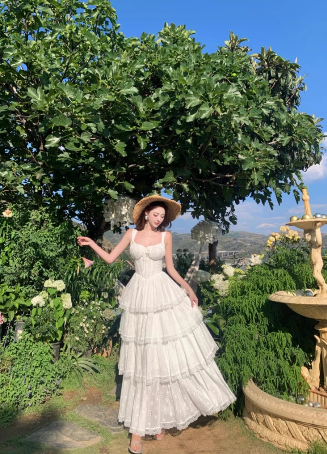 Ethereal White Spaghetti Strap A-Line Maxi Dress Elegant Tiered Cutout Hem Vacation Outfit Long Dress AP3323