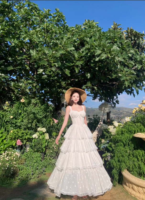 Ethereal White Spaghetti Strap A-Line Maxi Dress Elegant Tiered Cutout Hem Vacation Outfit Long Dress AP3323