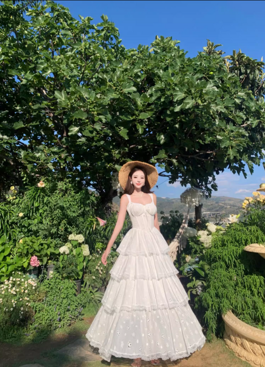 Ethereal White Spaghetti Strap A-Line Maxi Dress Elegant Tiered Cutout Hem Vacation Outfit Long Dress AP3323